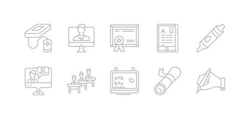 simple gray 10 vector icons set such as writing, certificate, chalkboard, classroom, computer-based training, crayon, digital book. editable vector icon pack