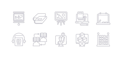 simple gray 10 vector icons set such as abacus, abc, ask, asynchronous learning, audiobook, blackboard, blended learning. editable vector icon pack