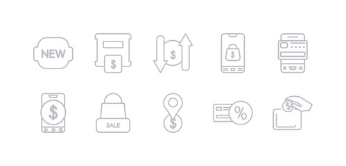 simple gray 10 vector icons set such as insert coin, loyalty card, map pointer, merchandise, mobile money, mobile payment, mobile shopping. editable vector icon pack