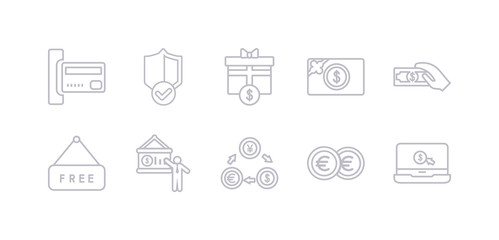 simple gray 10 vector icons set such as ecommerce, euro, exchange rate, financial presentation, free, get money, gift card. editable vector icon pack