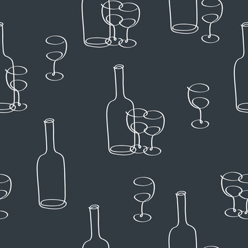 Simple seamless pattern with hand drawn bottle of wine glasses for restaurant menu, textile, wallpapers, gift wrap and scrapbook. Vector illustration.