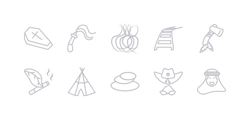 simple gray 10 vector icons set such as sheik, sheriff hat, stone, tepee, tobacco, tomahawk, train rails. editable vector icon pack