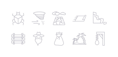 simple gray 10 vector icons set such as noose, oasis, old money bag, outlaw, paddock, rock, rug. editable vector icon pack