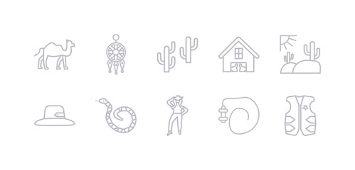 simple gray 10 vector icons set such as cowboy vest, cowboy whip, cowgirl, crotalus, desert hat, desert landscape, desert saloon. editable vector icon pack