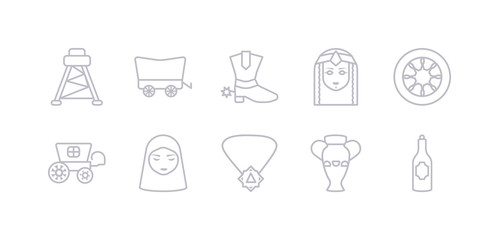 simple gray 10 vector icons set such as alcohol bottle, amphora, amulet, arab, carriage, cart wheel, cleopatra. editable vector icon pack