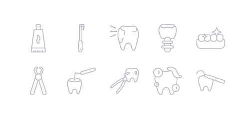 simple gray 10 vector icons set such as teeth, tooth cleaning, tooth extraction, tooth filling, pliers, whitening, with metallic root. editable vector icon pack