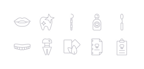 simple gray 10 vector icons set such as medical prescription, medical record, mint gum, molar crown, mouth, mouth mirror, mouth wash. editable vector icon pack