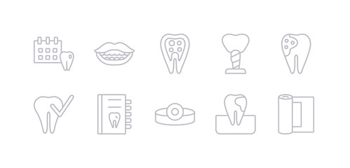 simple gray 10 vector icons set such as gauze, gum, headlamp, health report, healthy tooth, holed tooth, implant fixture. editable vector icon pack