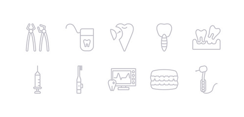 simple gray 10 vector icons set such as dentists drill tool, denture, ekg monitor, electric toothbrush, empty syringe, extraction, fake tooth. editable vector icon pack