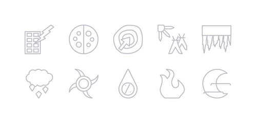 simple gray 10 vector icons set such as hot, humidity, hurricane, ice pellets, icicle, indian summer, isobars. editable vector icon pack