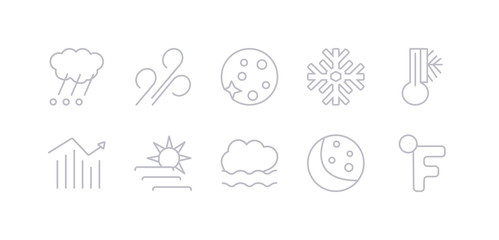 simple gray 10 vector icons set such as first quarter, foggy, foggy day, forecast, freezing, frost, full moon. editable vector icon pack