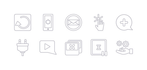 simple gray 10 vector icons set such as options, pause, photos, play button, plugin, plus, pointer. editable vector icon pack