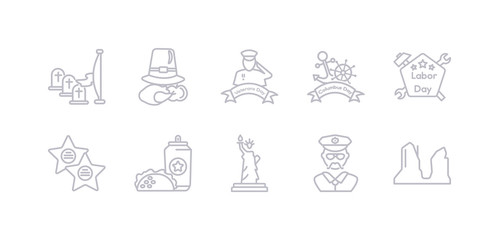 simple gray 10 vector icons set such as grand canyon, sheriff, statue of liberty, taco, walk of fame, labor day, columbus day. editable vector icon pack