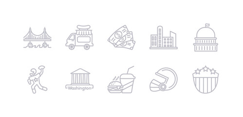 simple gray 10 vector icons set such as usa shield, rugby helmet, fast food, washington, american football, capitol, cityscape. editable vector icon pack