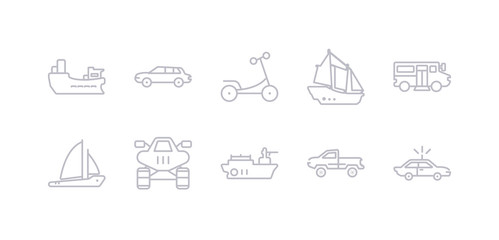 simple gray 10 vector icons set such as pickup, pt boat, quad, sailboat, school bus, schooner, scooter. editable vector icon pack