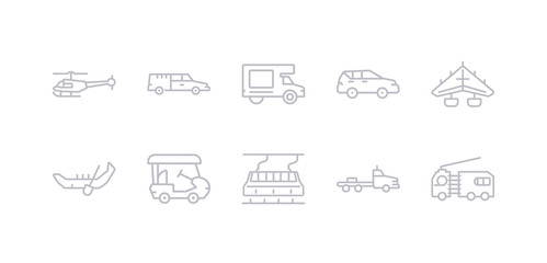 simple gray 10 vector icons set such as flatbed lorry, funicular railway, golf cart, gondola, hang glider, hatchback, haul. editable vector icon pack