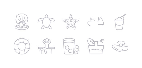 simple gray 10 vector icons set such as pamela hat, pinic basket, refreshing cold drink, relax, rubber ring, sand bucket and shovel, sea scooter. editable vector icon pack