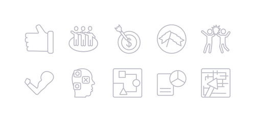 simple gray 10 vector icons set such as strategy in a labyrinth, strategy management, strategy sketch, thought, strength, success, success flag. editable vector icon pack
