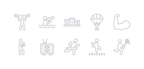 simple gray 10 vector icons set such as lacrosse, long jump, marathon, match, mixed martial arts, muscle, parachute. editable vector icon pack