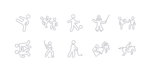 simple gray 10 vector icons set such as horse racing, horseball, hurling, ice hockey, judo, karate, kendo. editable vector icon pack