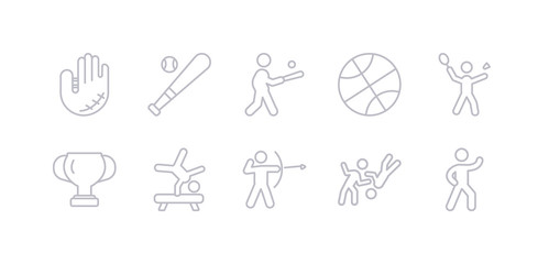 simple gray 10 vector icons set such as aerobics, aikido, archery, artistic gymnastics, award, badminton, ball. editable vector icon pack