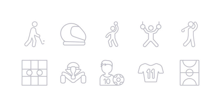 simple gray 10 vector icons set such as football field, football jersey, football player, formula racing, go game, golf, gymnastics. editable vector icon pack