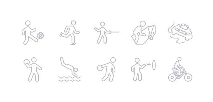 simple gray 10 vector icons set such as cycling, dart board, discus throw, diving sport, dodgeball, drifting, equestrianism. editable vector icon pack