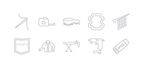 simple gray 10 vector icons set such as glue stick, hot glue, ironing board, jacket, jeans pocket, knit, leather. editable vector icon pack