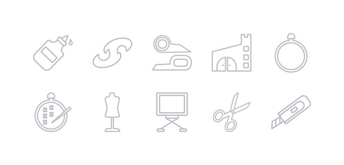 simple gray 10 vector icons set such as cutter, cutting, drawing board, dummy, embroidery, embroidery hoop, fabric. editable vector icon pack