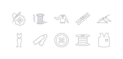 simple gray 10 vector icons set such as v, bobbin, button, chalk, clothes, clothes hanger, clothespin. editable vector icon pack