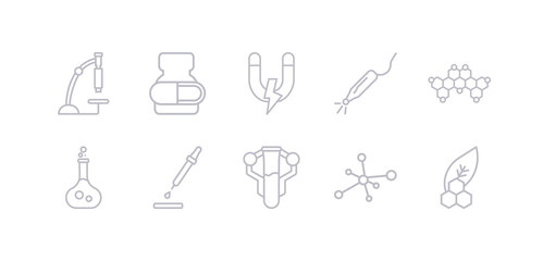 simple gray 10 vector icons set such as biology, cells, chemistry, dropper, flask, formula, laser. editable vector icon pack