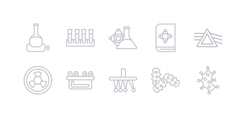 simple gray 10 vector icons set such as microorganism, microorganisms, newton, nixie, radioactivity, refraction, science book. editable vector icon pack