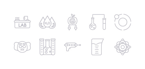 simple gray 10 vector icons set such as atom, beaker, blaster, chemical, einstein, electron, experiment. editable vector icon pack