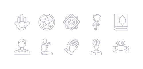 simple gray 10 vector icons set such as pastafarianism, pope, pray, prayer, priest, quran, rosary. editable vector icon pack