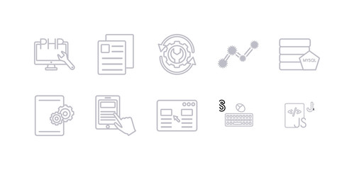 simple gray 10 vector icons set such as js, keyboard and mouse, landing page, mobile app, mobile development, mysql, operating system. editable vector icon pack