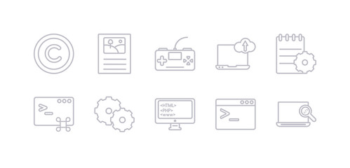 simple gray 10 vector icons set such as code review, code terminal, coding, cogwheel, command, compiler, computing. editable vector icon pack