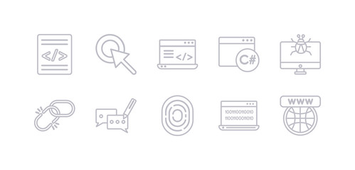 simple gray 10 vector icons set such as website, binary code, biometric identification, blogging, broken link, bug report, c sharp. editable vector icon pack