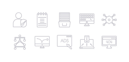 simple gray 10 vector icons set such as 404 error, adaptive layout, advertising, advertising bounce, algorithm, api, app. editable vector icon pack