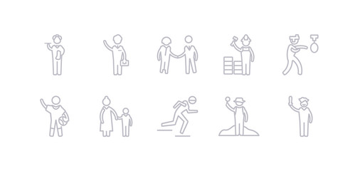 simple gray 10 vector icons set such as actor, archeologist, athlete, baby sitter, basketball player, boxer, builder. editable vector icon pack
