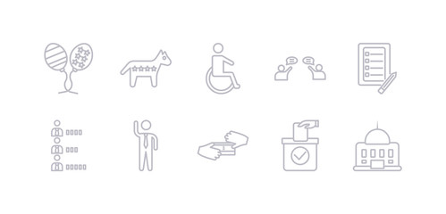 simple gray 10 vector icons set such as american government building, ballot, bribe, candidate for elections, candidates ranking graphic, checklist with a pencil, debate. editable vector icon pack