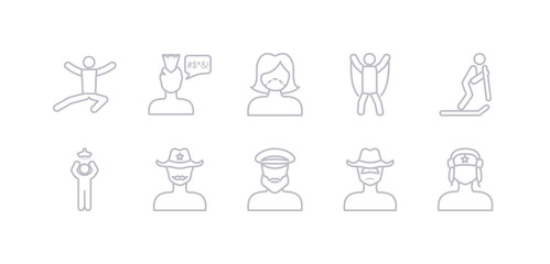 simple gray 10 vector icons set such as russian man face, sad man with hat, sailor face, sheriff face, showering, skiing person, skipping rope man. editable vector icon pack