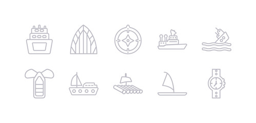 simple gray 10 vector icons set such as water resist watch, windsurf board, wood raft, yacht facing right, port and starboard, capsizing, ship admiral. editable vector icon pack
