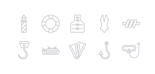 simple gray 10 vector icons set such as diving mask, fishing hook, flippers, frigate, hook, knot, lady swimwear. editable vector icon pack