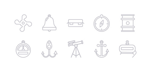 simple gray 10 vector icons set such as air tank, anchor, antique telescope, bait, barometer, big barrel, big compass. editable vector icon pack