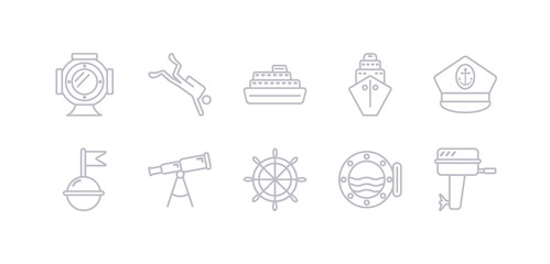 simple gray 10 vector icons set such as boat engine, boat porthole, boat steering wheel, telescope, buoy, captain hat, cargo ship front view. editable vector icon pack