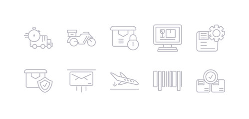 simple gray 10 vector icons set such as checking, bar code, arrival, express mail, delivery shield, delivery settings, delivery monitor. editable vector icon pack