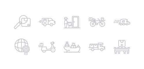 simple gray 10 vector icons set such as pallet, transportation, ship by sea, scooter delivery, worldwide delivery, express delivery, by bike. editable vector icon pack