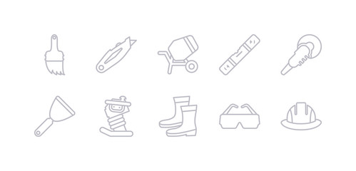 simple gray 10 vector icons set such as safety helmet, safety glasses, rubber boots, rammer, putty knife, polishers, plumb rule tool. editable vector icon pack