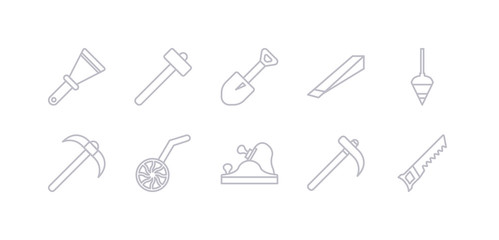 simple gray 10 vector icons set such as hand saw, hoe, jack plane, measuring wheel, pick axe, plumb bob, wedge tool. editable vector icon pack