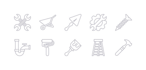 simple gray 10 vector icons set such as hammer, ladder, paint brush, paint roller, pipe, screw, tools. editable vector icon pack